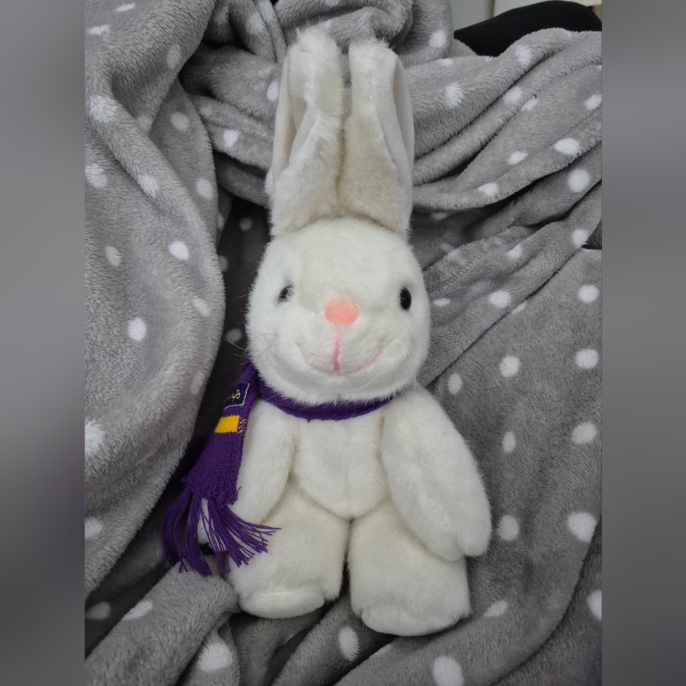 White Plush Bunny with Purple Scarf